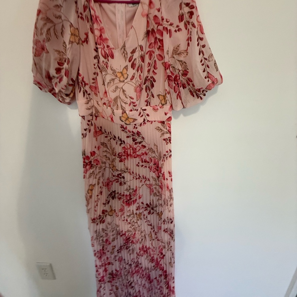 Kensie Pink and Red Wrap Maxi Dress with Puff Sleeves